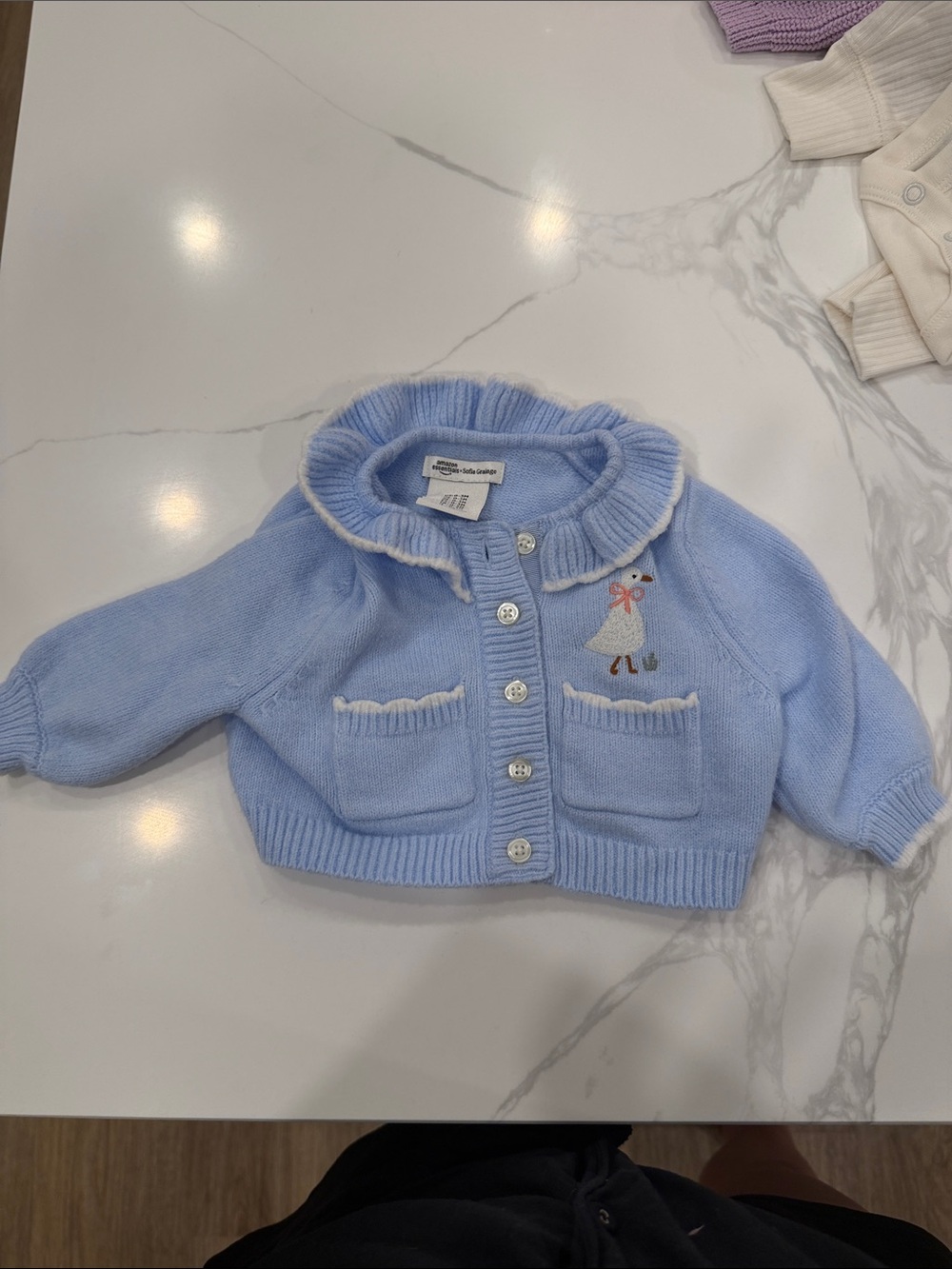 Light Blue Ruffled Collar Baby Cardigan with Embroidered Duck
